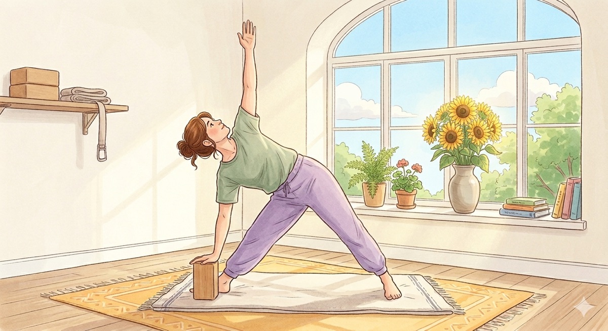 Une femme pratique le yoga iyengar dans une pièce ensoleilée