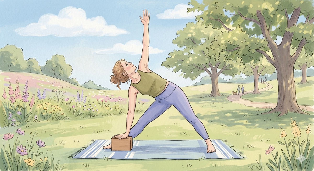 Une femme pratique le yoga Iyengar seule à l'extérieure
